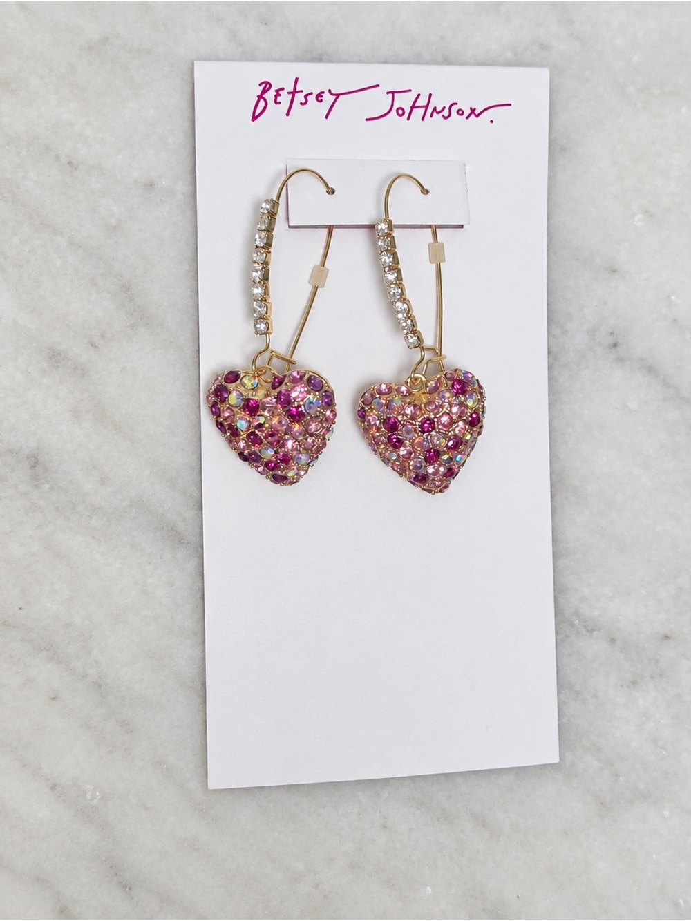 Betsey Johnson Pink Rhinestone Heart Gold Tone Dangle Earrings NWT